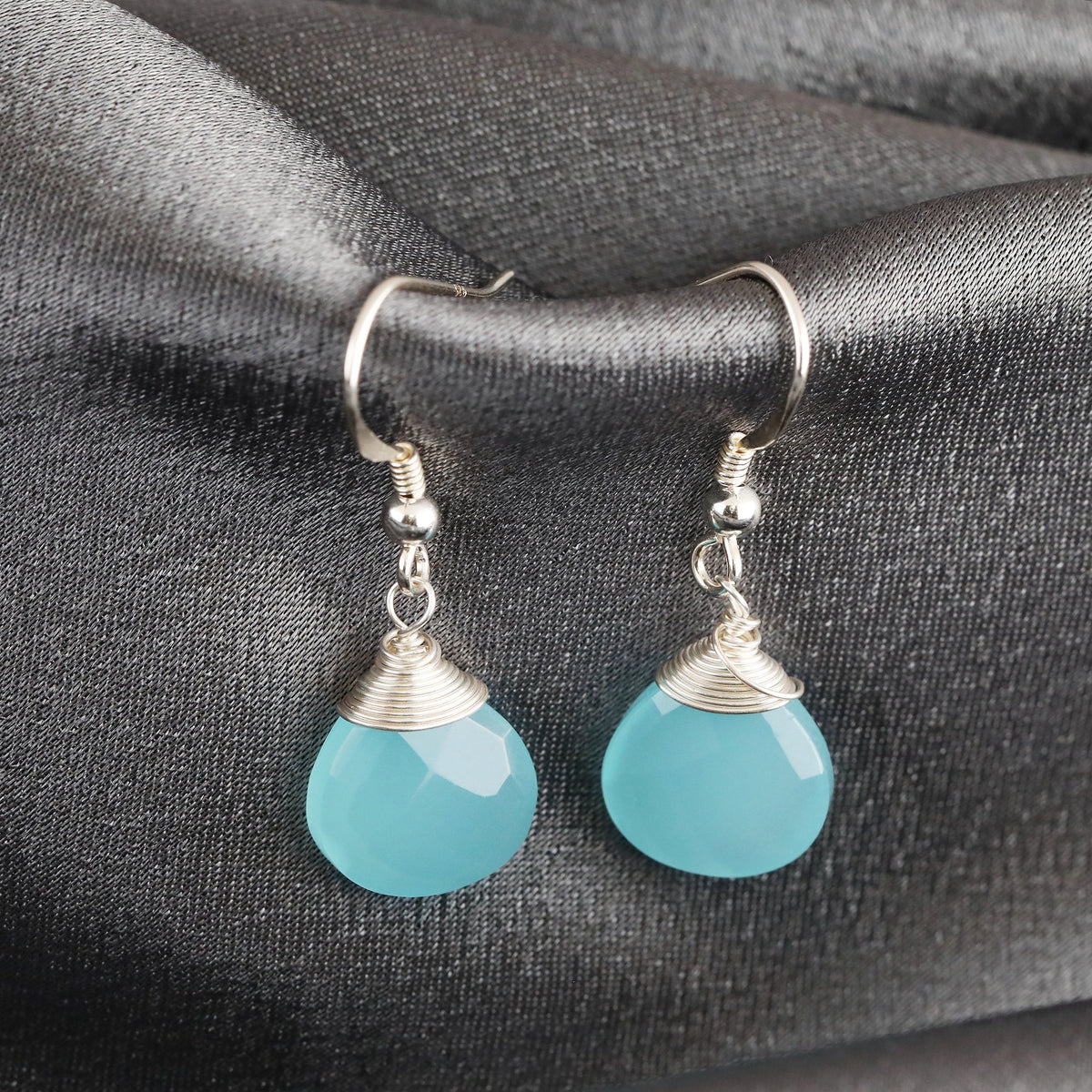 Chalcedony Drop Silver Earrings 925 Sterling Silver Blue Crystal Gemstone Dangle Earrings - OHR925-118
