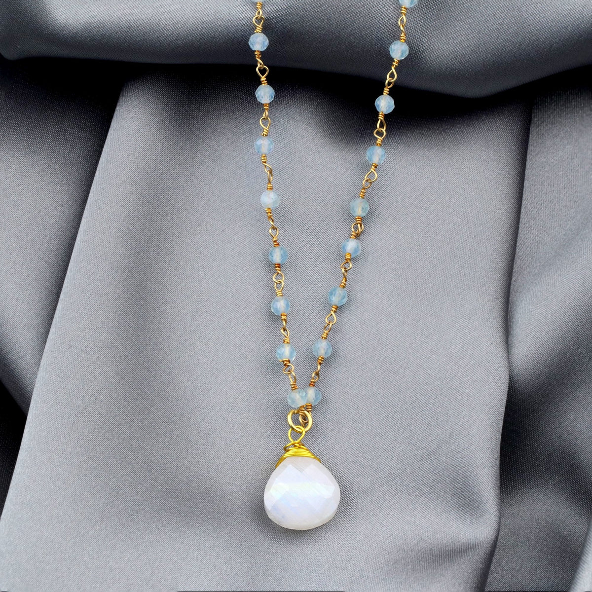 Moonstone & Aquamarine Gemstone Drop Pendant Necklace Gold - VIK-122