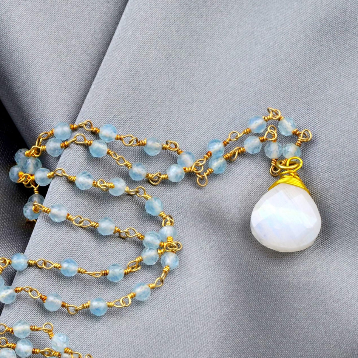 Moonstone & Aquamarine Gemstone Drop Pendant Necklace Gold - VIK-122