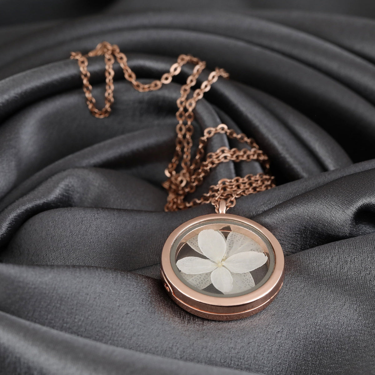 Real Hydrangea Blossom Locket Necklace - 925 Sterling Gold-Plated