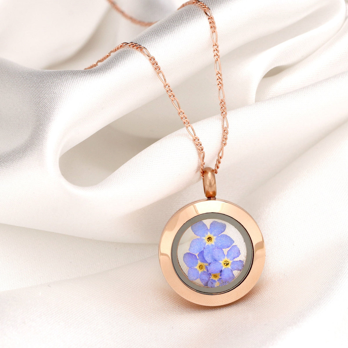 Rose Gold-Plated Forget-Me-Not Locket - 925 Sterling Gold-Plated Necklace with Real Flowers - K925-126