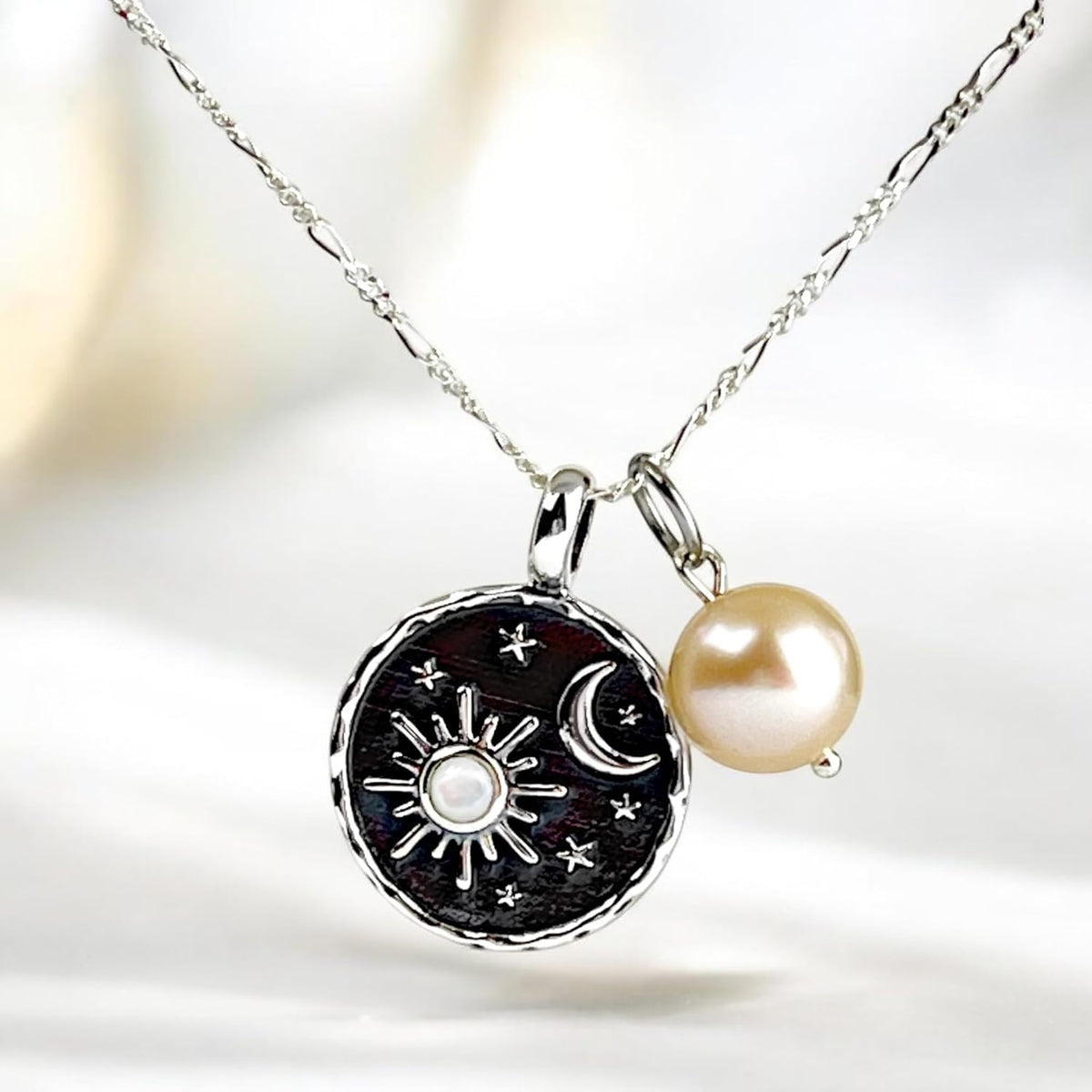Mystical Moon Necklace made of 925 Sterling Silver – with Mother-of-Pearl Sun & Freshwater Pearl K925-82