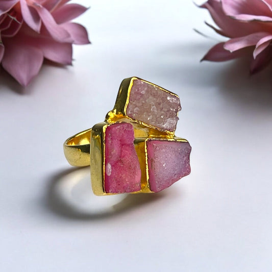 Brass Ring with Pink Agate Druzy – Ring Size 52, Allergy-Friendly…