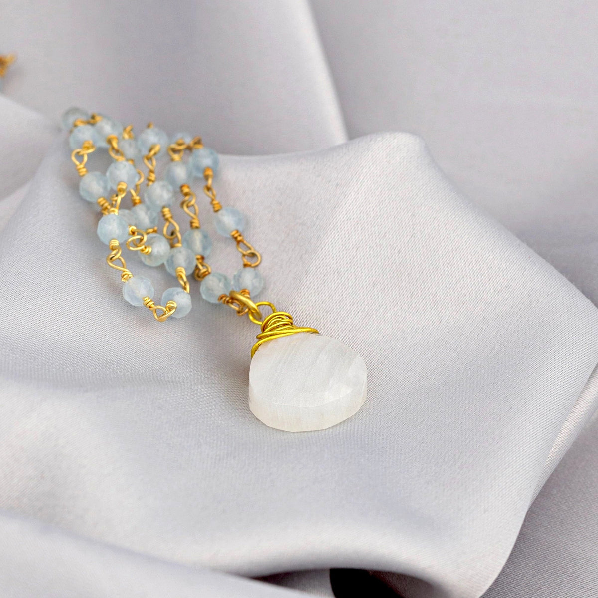 Moonstone & Aquamarine Gemstone Drop Pendant Necklace Gold - VIK-122