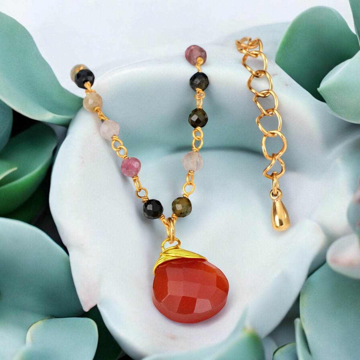 Carnelian & Tourmaline Gemstone Teardrop Bracelet Gold - RETARM-37