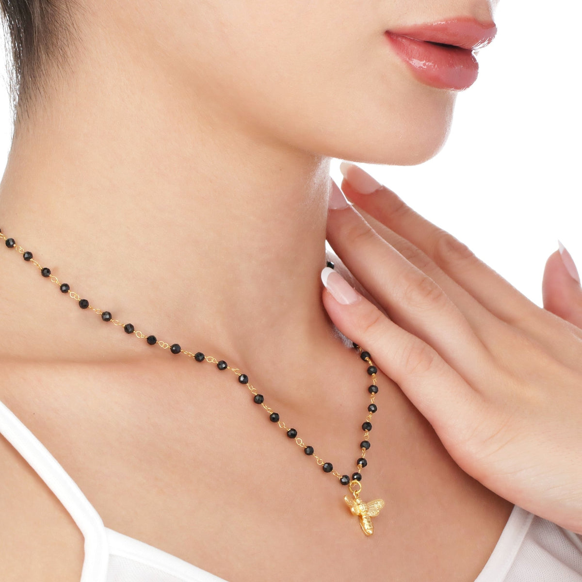 Onyx Gemstone necklace with Bee Pendant Gold - VIK-03