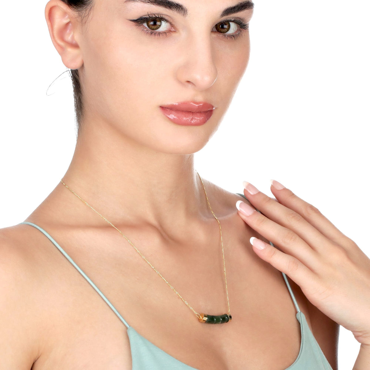 Jade Bar Gold Necklace - 925 Sterling Gold-plated Crystal Green Gemstone Oriental Necklace - K925-93