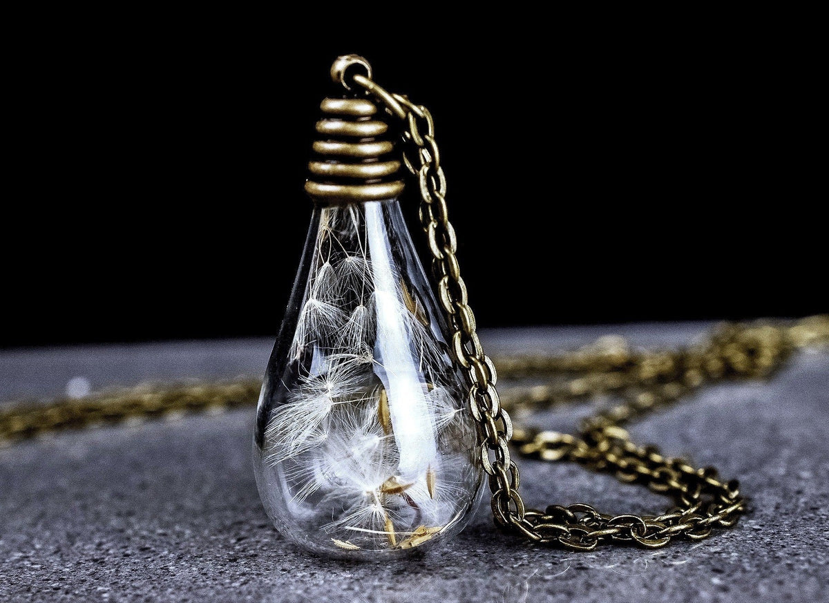 Dandelion Drop Pendant Necklace - Bronze Botanical Minimalist Jewelry - VIK-09