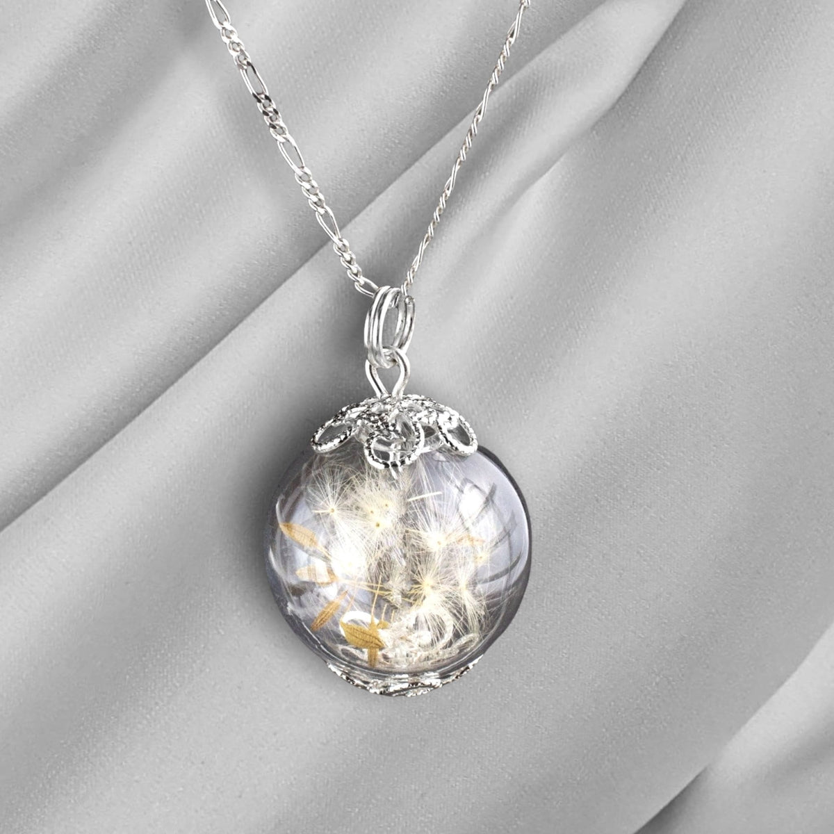 Dandelion Seed Pendant Necklace - 925 Sterling Silver Dried Flower Botanical Necklace - K925-15
