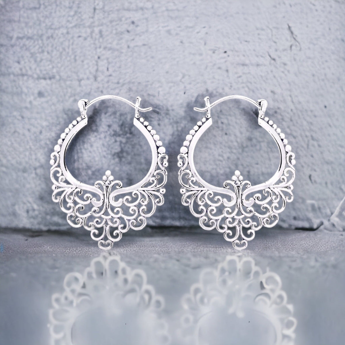 Good Karma Silver Lace Hoop Earrings - 925 Sterling Bohemian Style Dangle Earrings OHR925-11