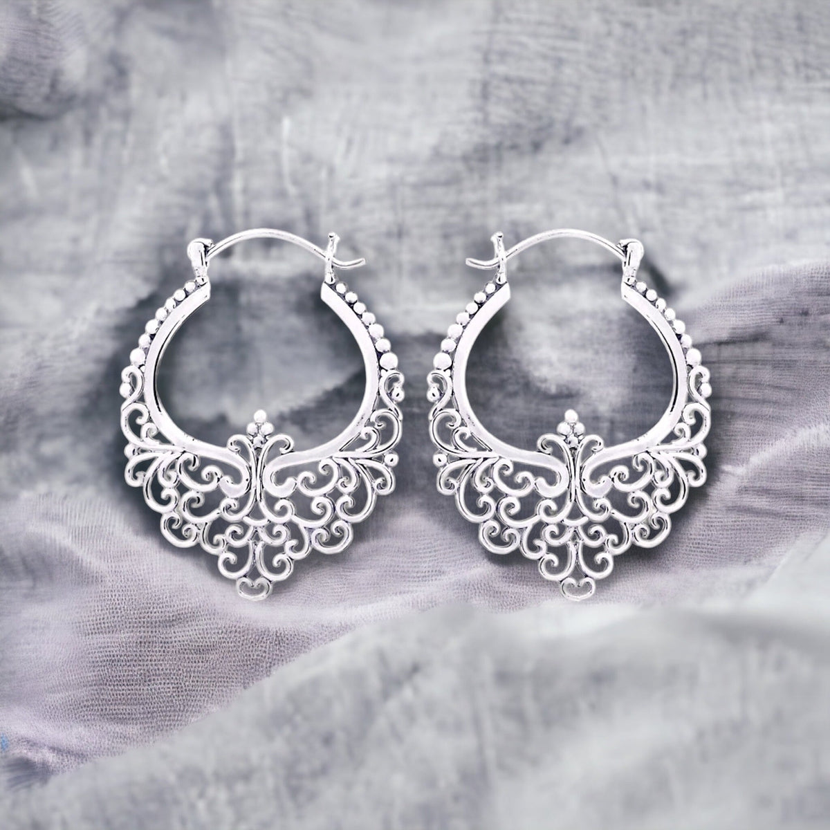 Good Karma Silver Lace Hoop Earrings - 925 Sterling Bohemian Style Dangle Earrings OHR925-11