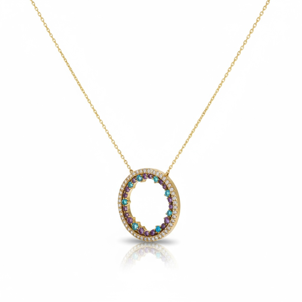 Galaxia Circle — 14k Gold Necklace with Blue & Violet Zirconia Pendant