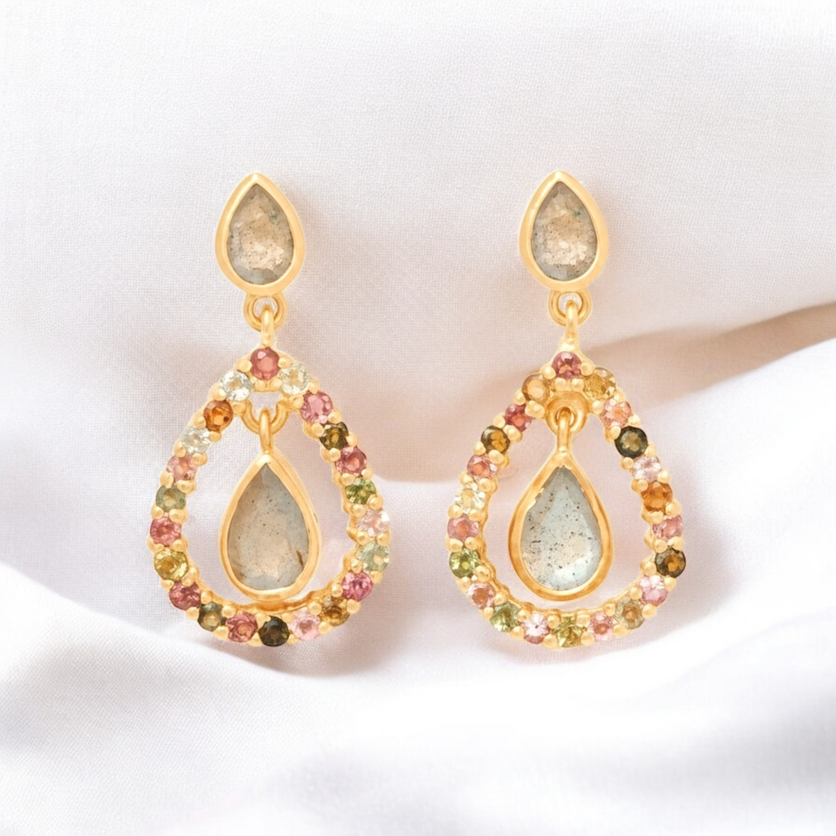 Luxurious 18K gold-plated 925 sterling silver earrings with labradorite & tourmaline – teardrop shape, handmade, 3.5 cm, hypoallergenic OHR925-17