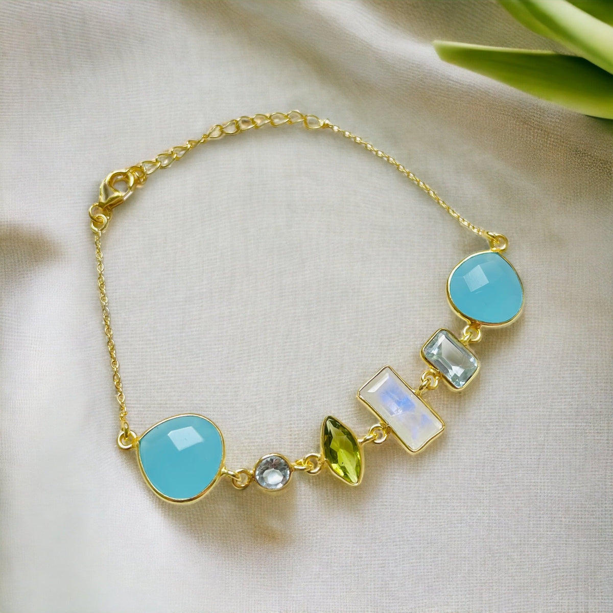 Multi Gemstone Bracelet - 925 Sterling Gold Gold-Plated with Peridot, Aquamarine, Chalcedony and Moonstone - ARM925-15