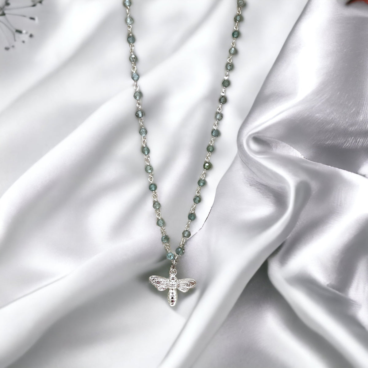 Gemstone Necklace with Blue Apatite and Bee Pendant – Elegant Nature-Inspired Design, 50 cm Length - VIK-85
