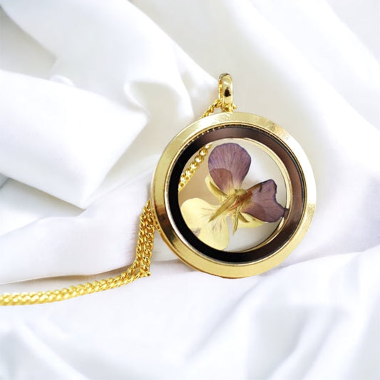 Pansy Glass Gold Locket Pendant Chain - Gold Plated Botany Floral…