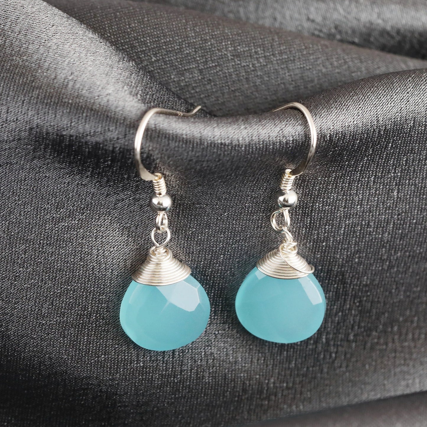 Chalcedon Drop Silver Earrings 925 Sterling Silver Blue Crystal Gem…
