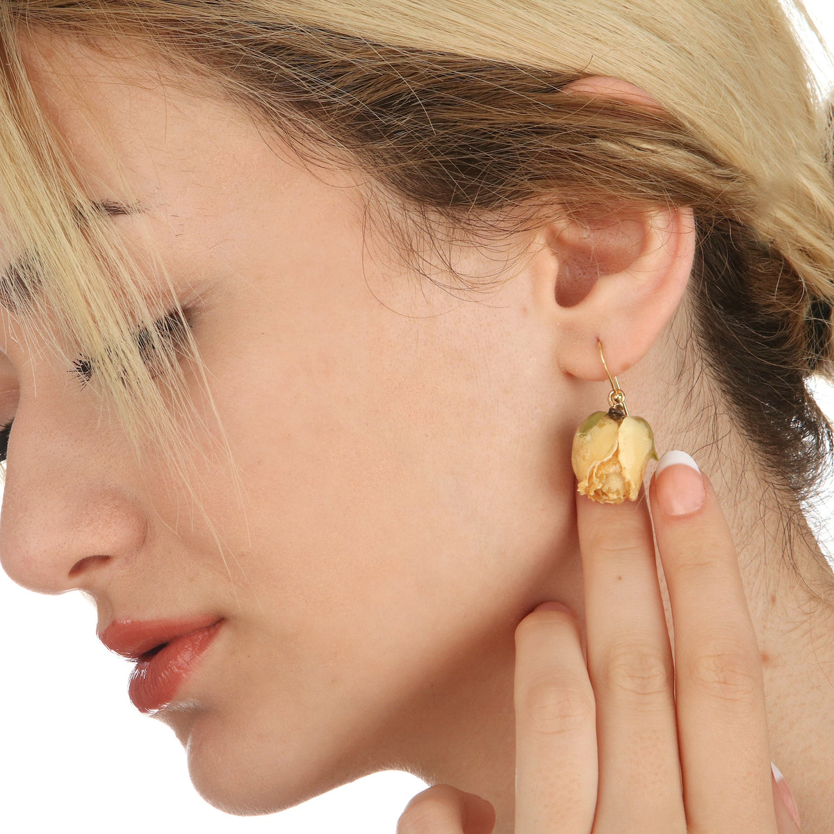 Real Small Roses Earrings - Pale Yellow - 925 Sterling Gold-Plated - OHR925-127