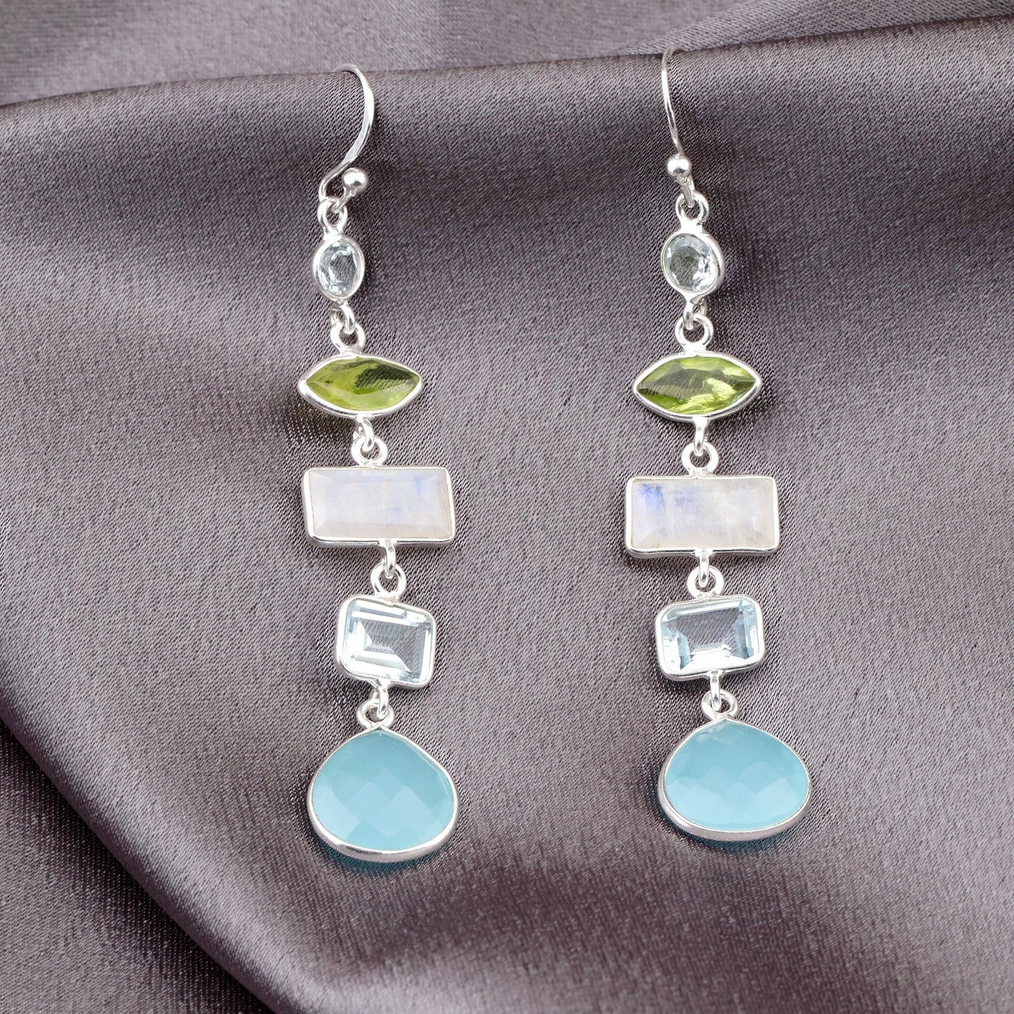 Multi Gemstone Earrings - 925 Sterling Silver - Rock Crystal…