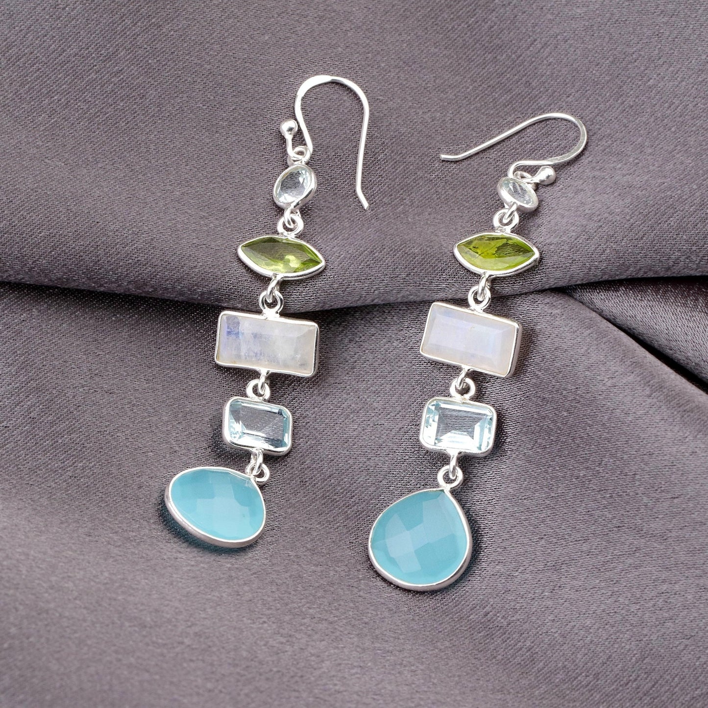 Multi Gemstone Earrings - 925 Sterling Silver - Rock Crystal…