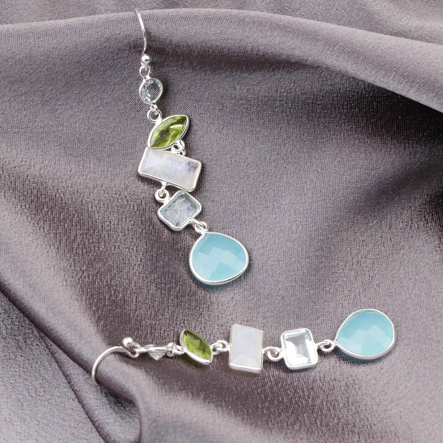Multi Gemstone Earrings - 925 Sterling Silver - Rock Crystal…