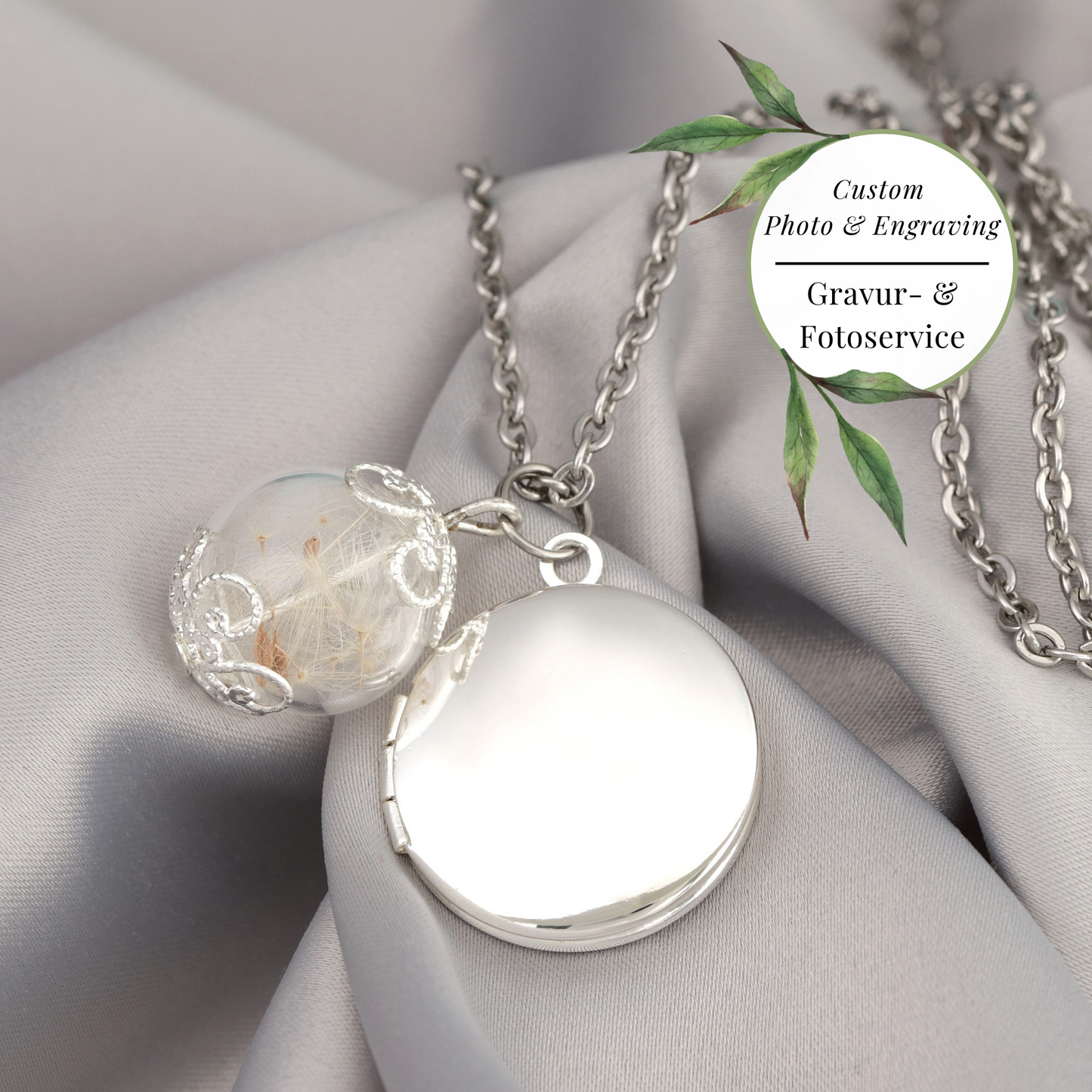 Customizable Dandelion Medallion Chain with Photoservice - Silver Plated