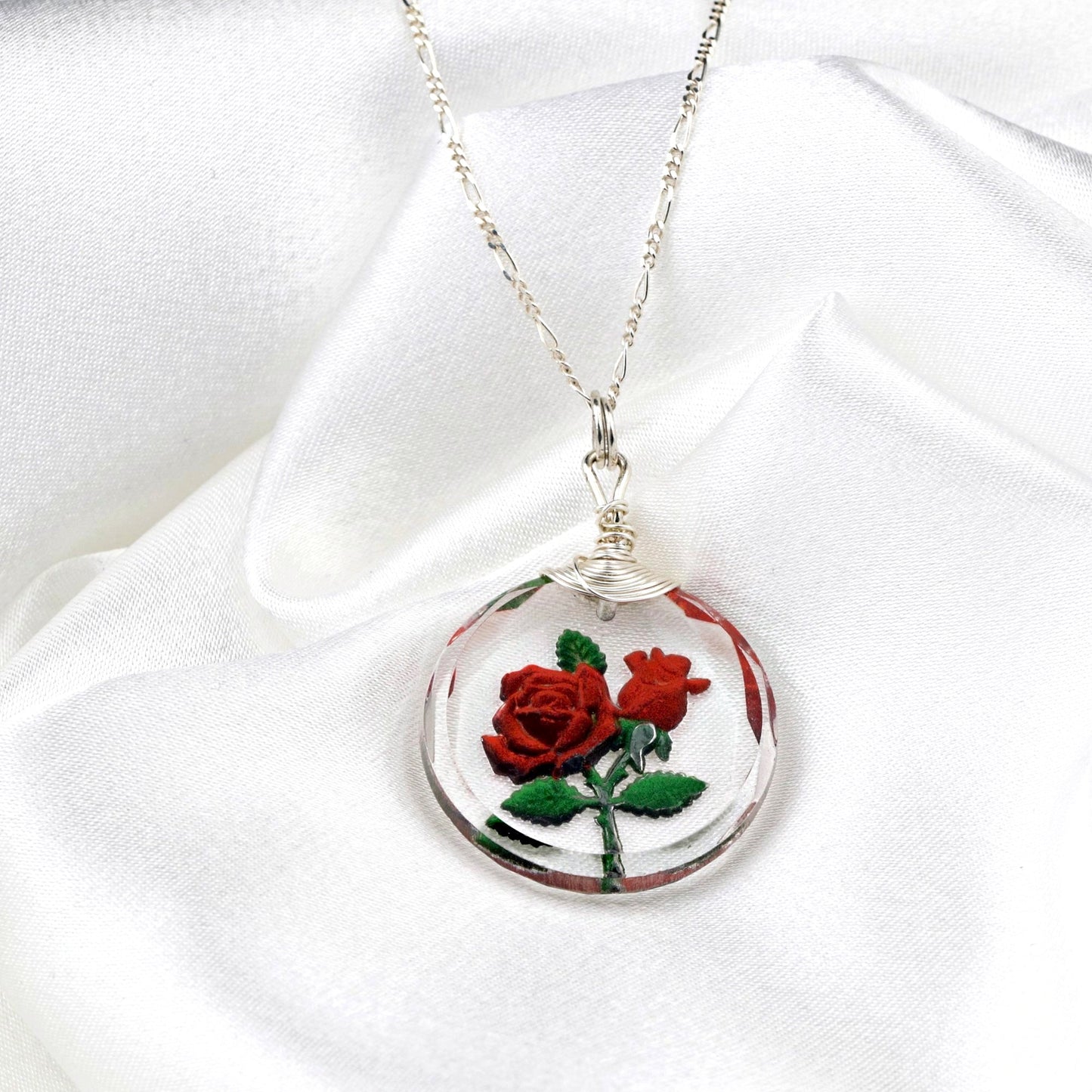 Frosted rose glass pendant chain - 925 sterling silver 3D symbolic…