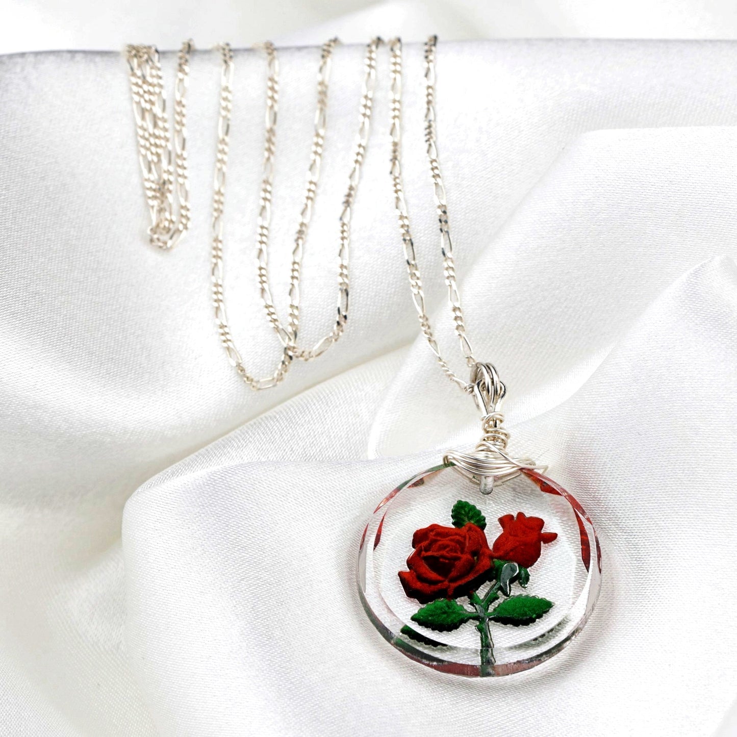 Frosted rose glass pendant chain - 925 sterling silver 3D symbolic…