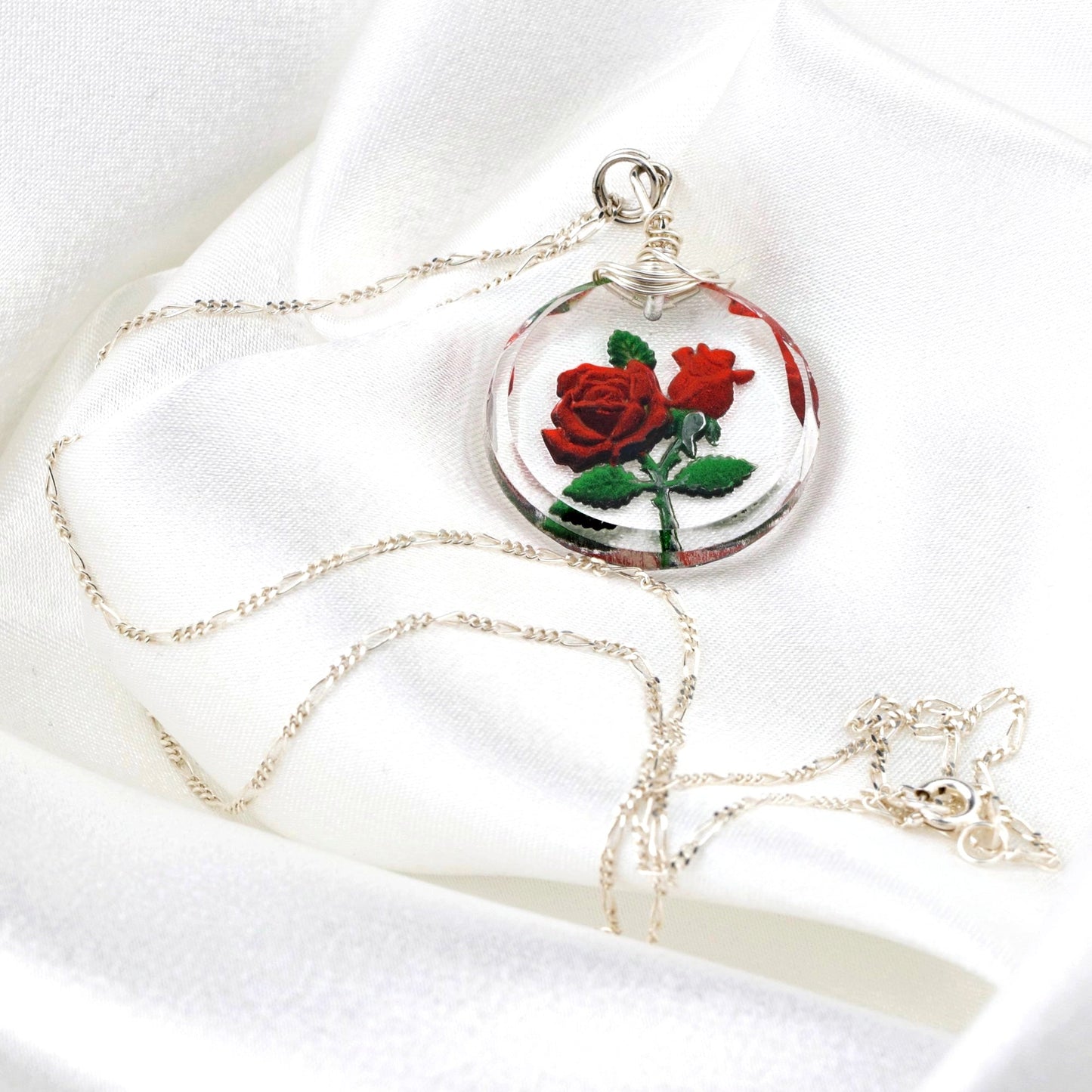 Frosted rose glass pendant chain - 925 sterling silver 3D symbolic…