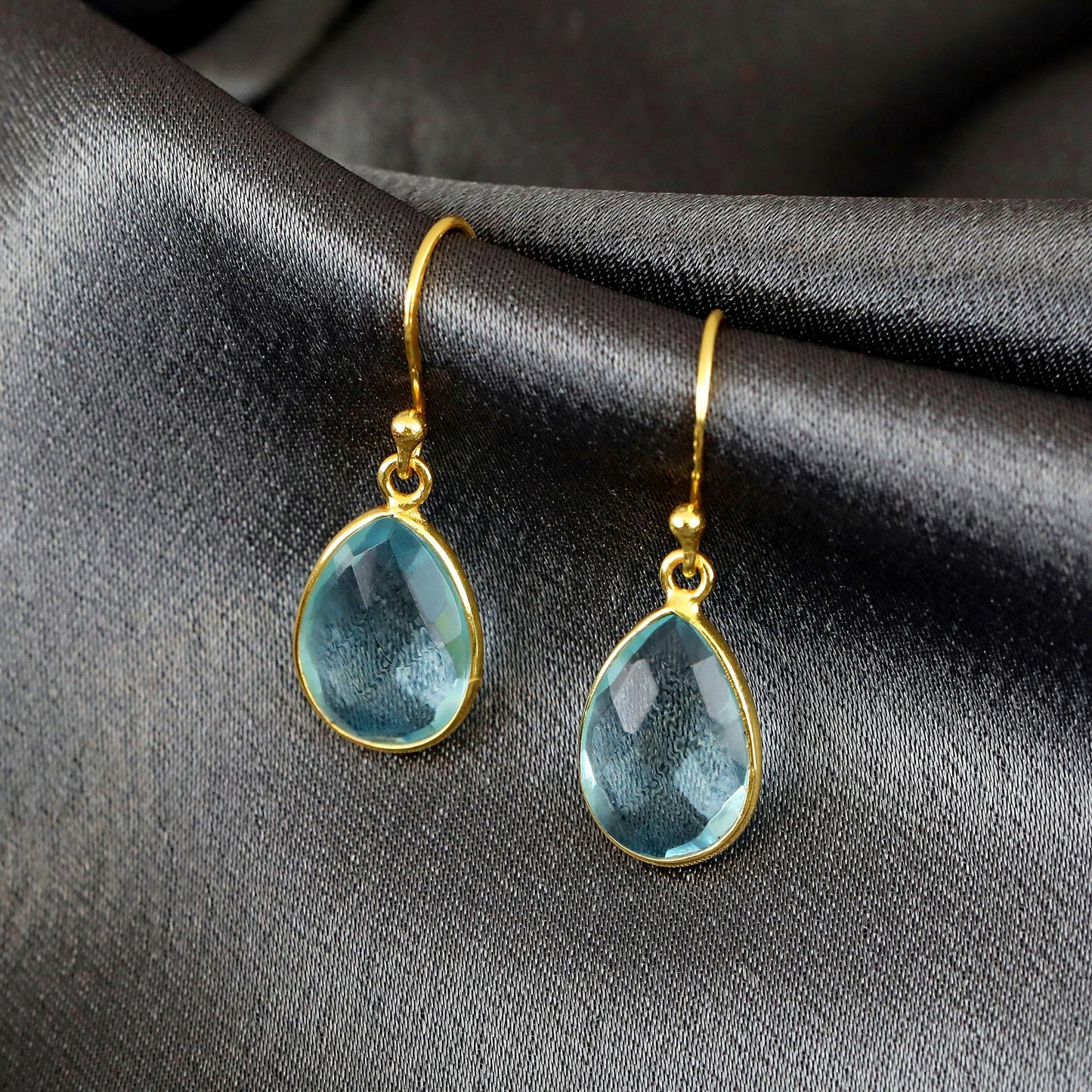 Aqua Topaz Gemstone Earrings 925 Sterling Gold Plated