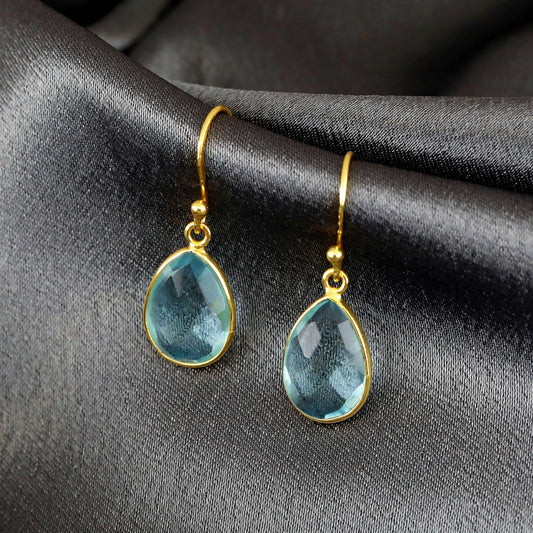 Aqua Topaz Gemstone Earrings 925 Sterling Gold Plated