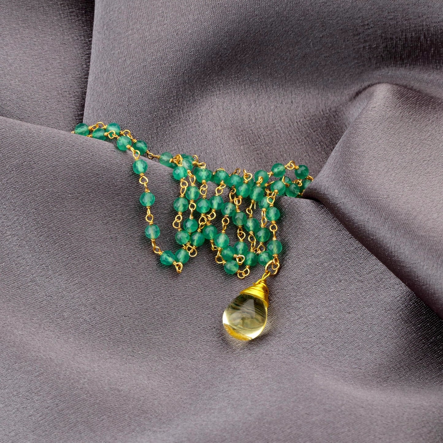 Gemstone necklace with Aventurine and Citrine teardrop pendant - VIK-26