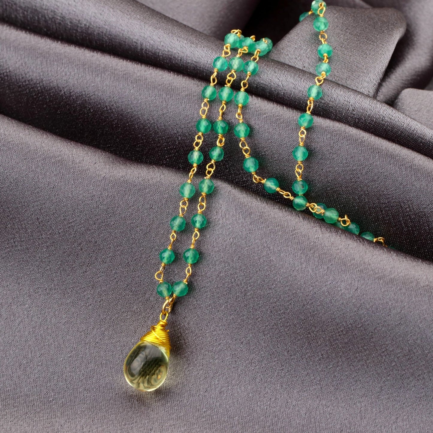 Gemstone necklace with Aventurine and Citrine teardrop pendant - VIK-26