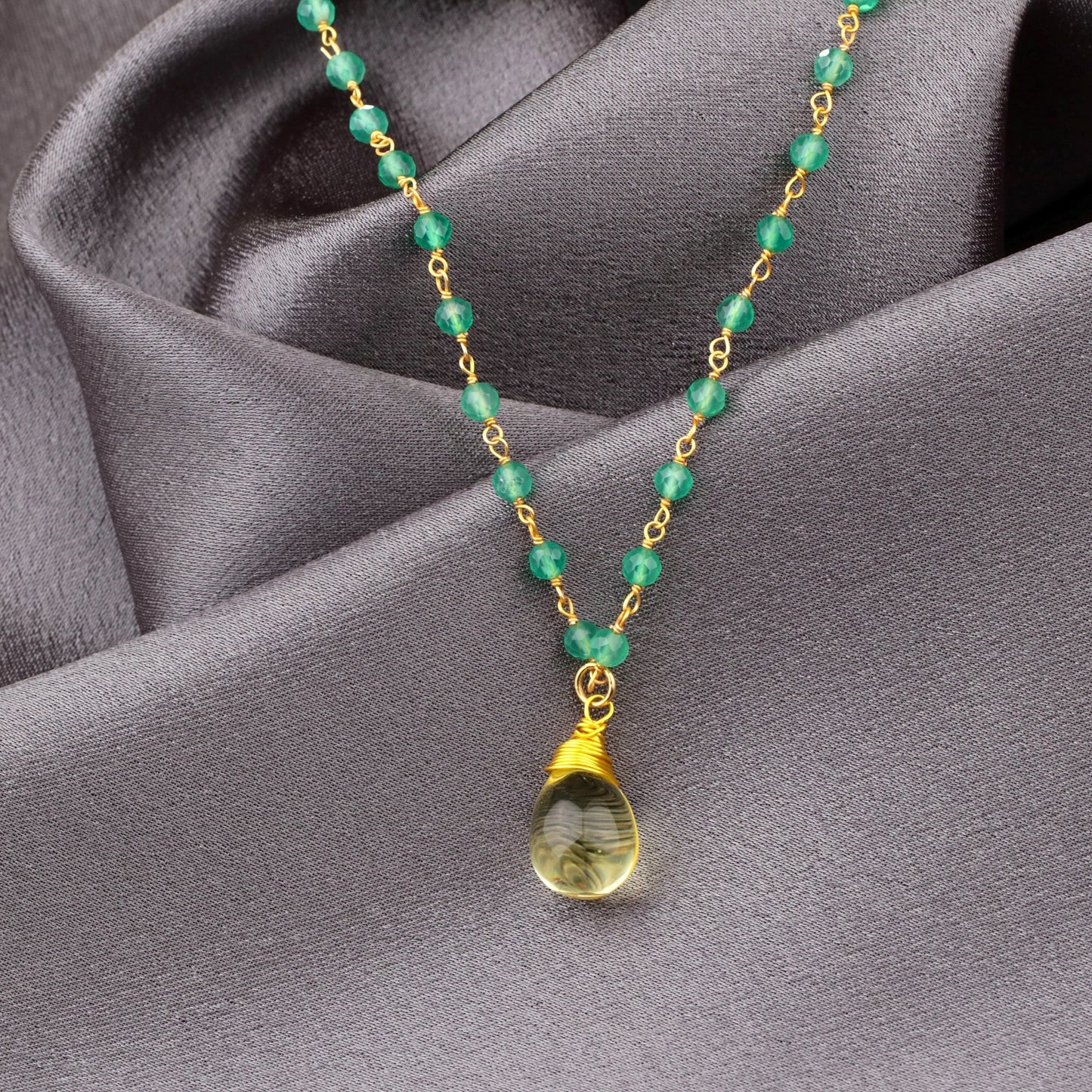 Gemstone necklace with Aventurine and Citrine teardrop pendant - VIK-26