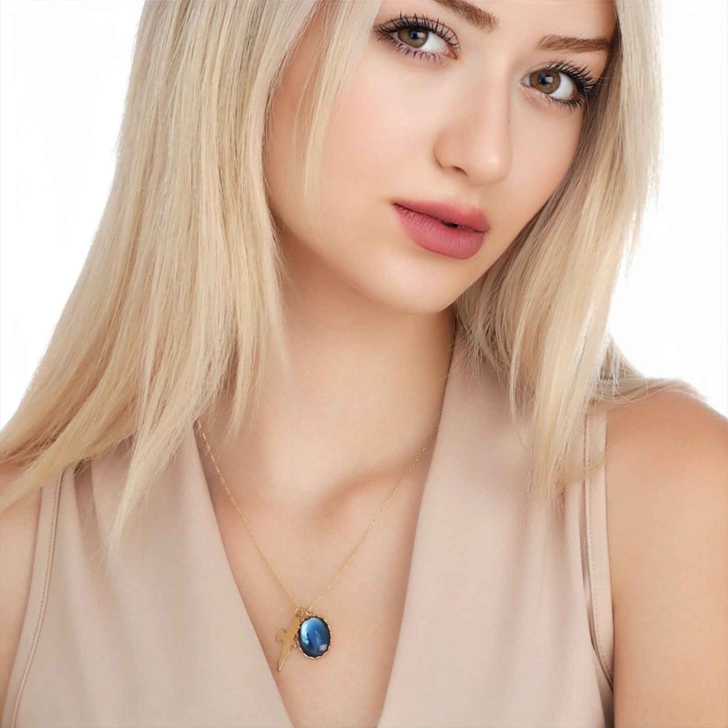 Swallow Blue Cabochon Pendant Chain - 925 Sterling Gold Plated…