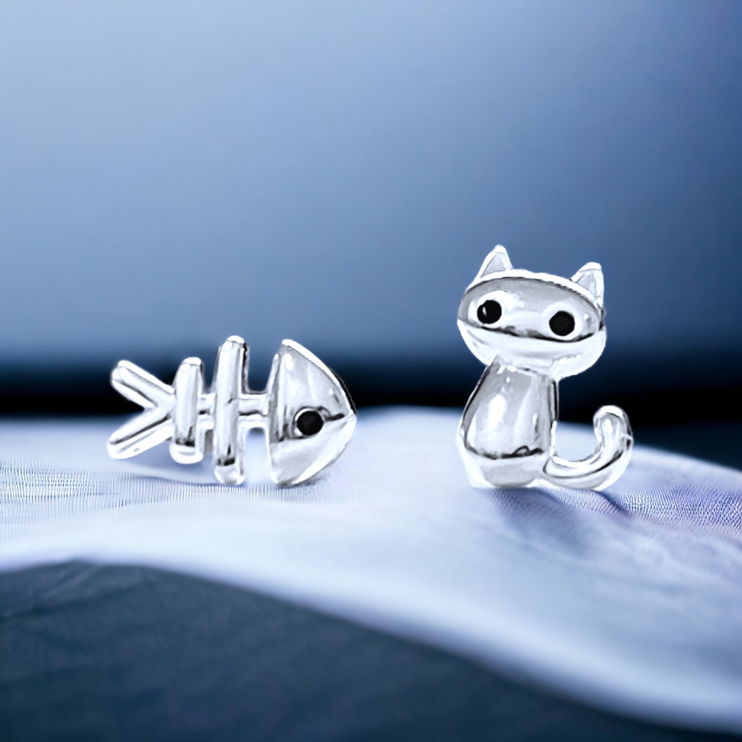 Cat & Fish — 925 Sterling Silver Stud Earrings