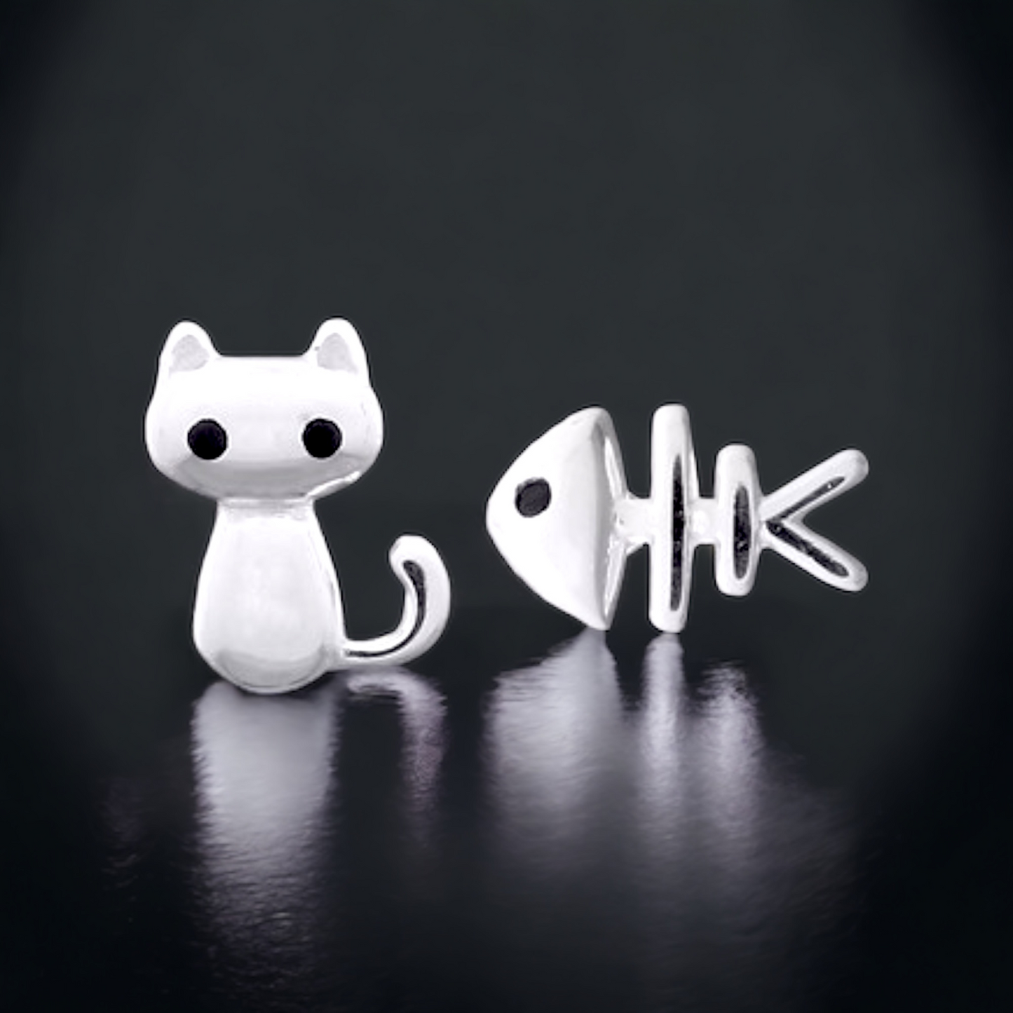 Cat & Fish — 925 Sterling Silver Stud Earrings