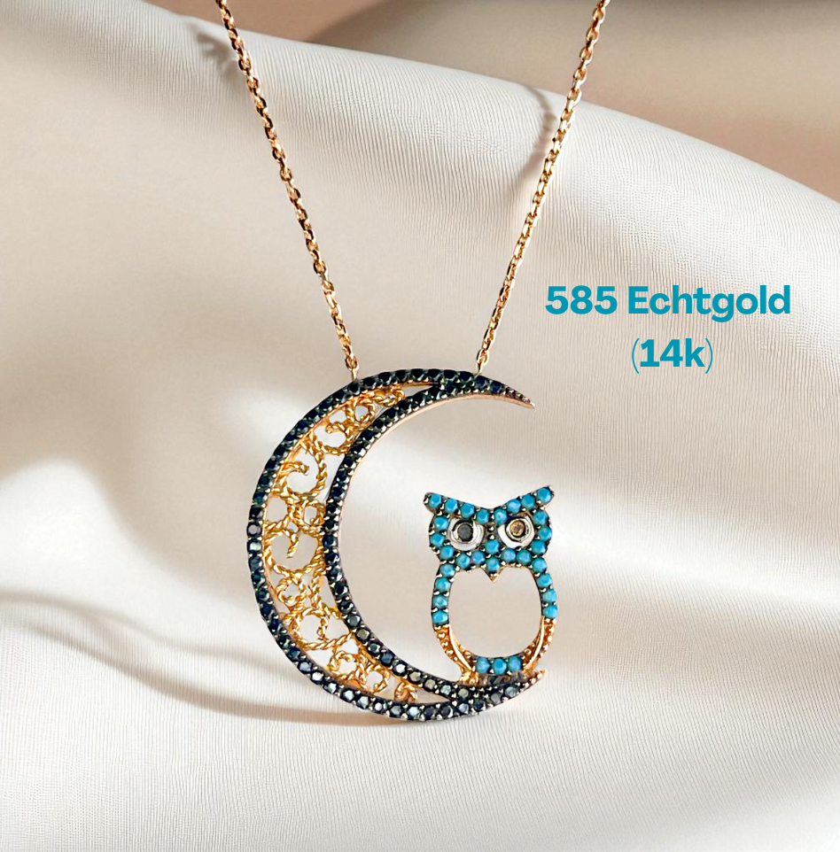 Luna Noctua - 14k 14k Gold Necklace with Moon and Owl Pendant, Rose…