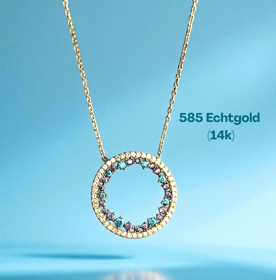 Galaxia Circle — 14k Gold Necklace with Blue & Violet Zirconia Pendant