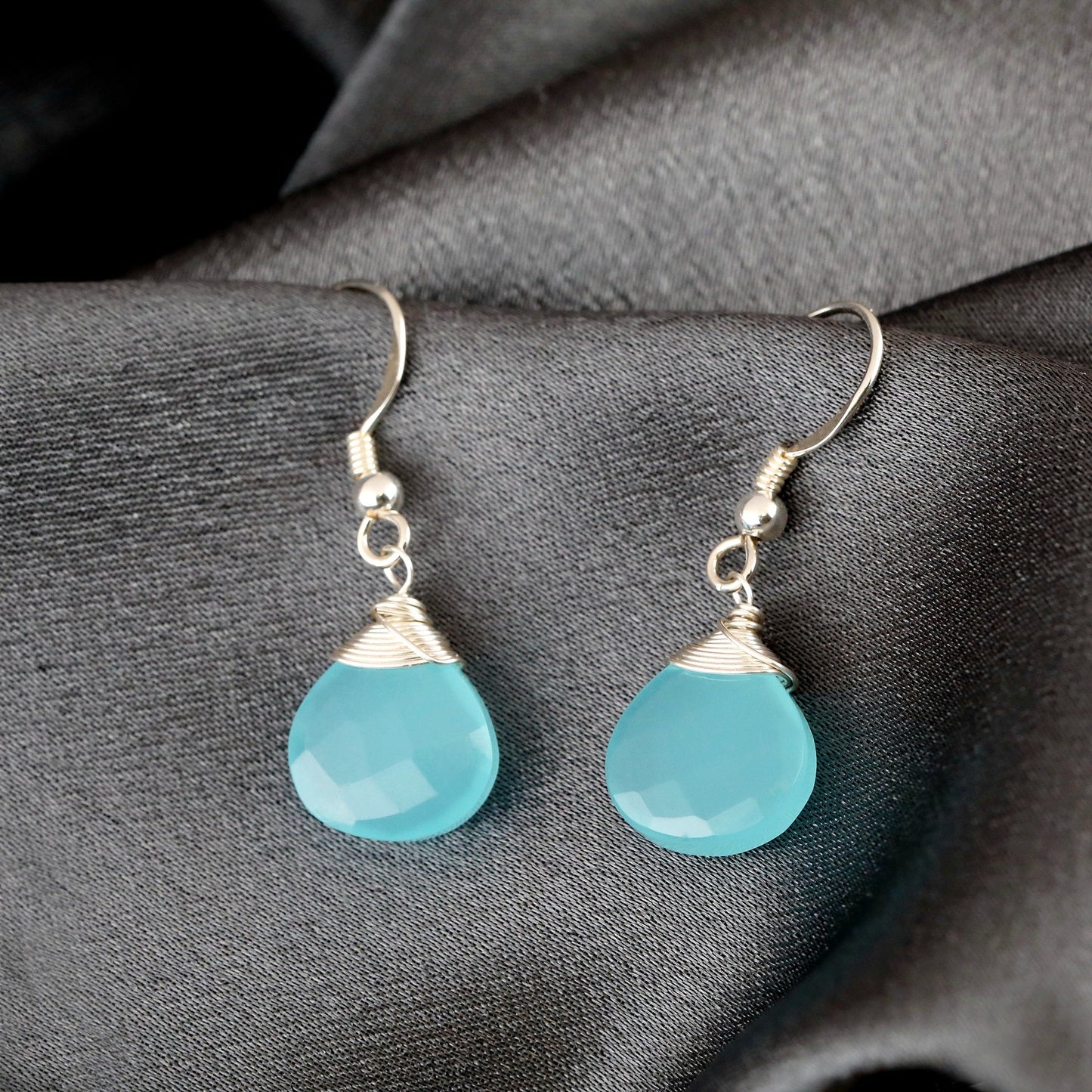 Chalcedon Drop Silver Earrings 925 Sterling Silver Blue Crystal Gem…