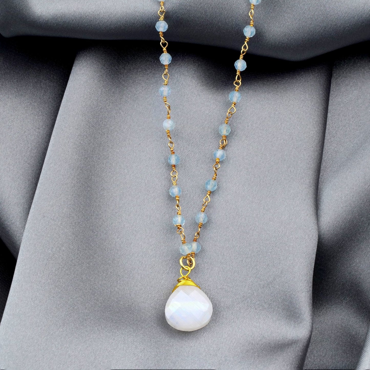 Moonstone & Aquamarine Gemstone Teardrop Pendant Necklace Gold