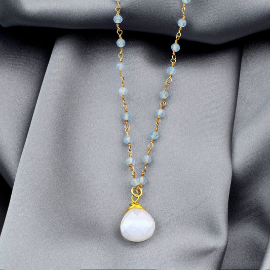Moonstone & Aquamarine Gemstone Teardrop Pendant Necklace Gold
