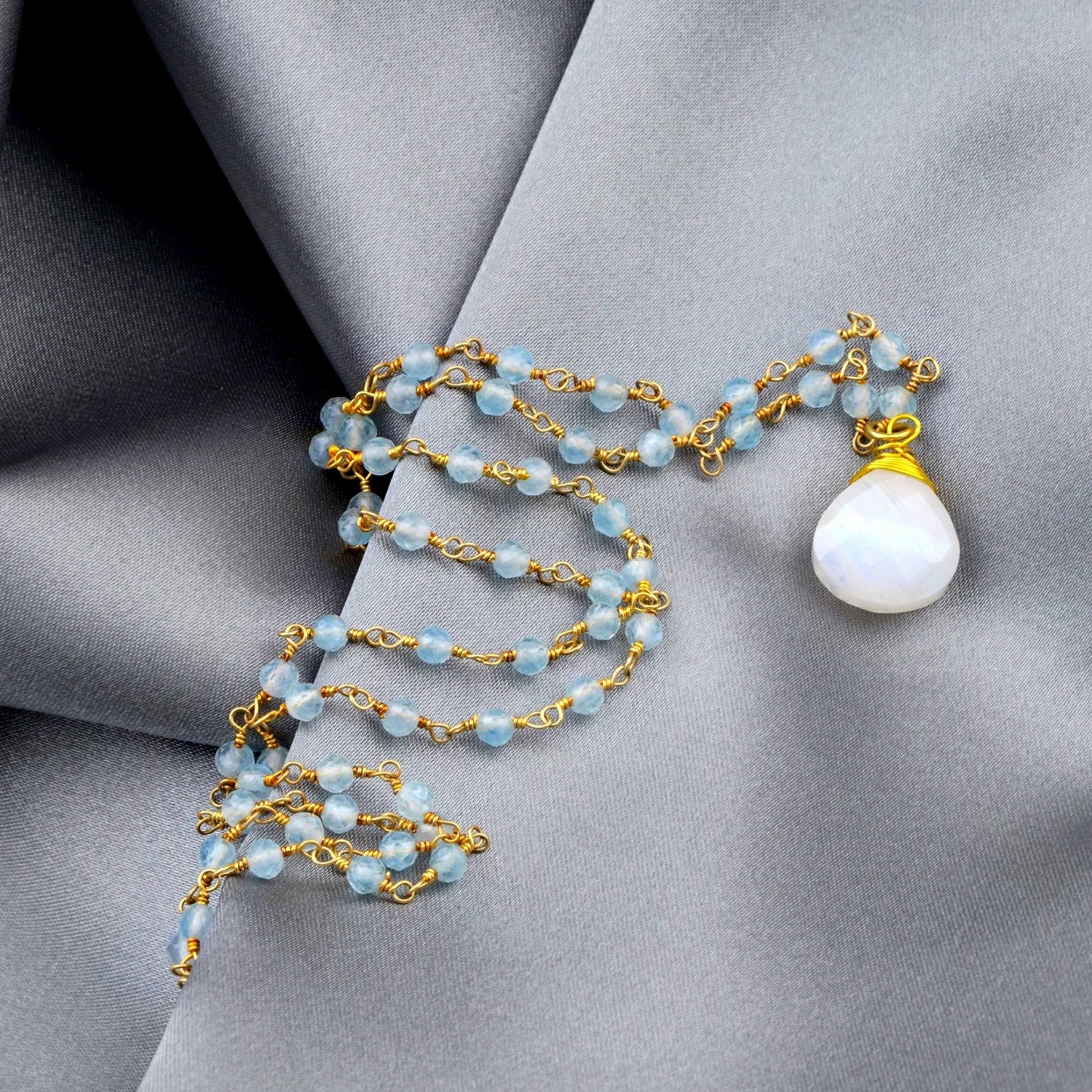 Moonstone & Aquamarine Gemstone Teardrop Pendant Necklace Gold