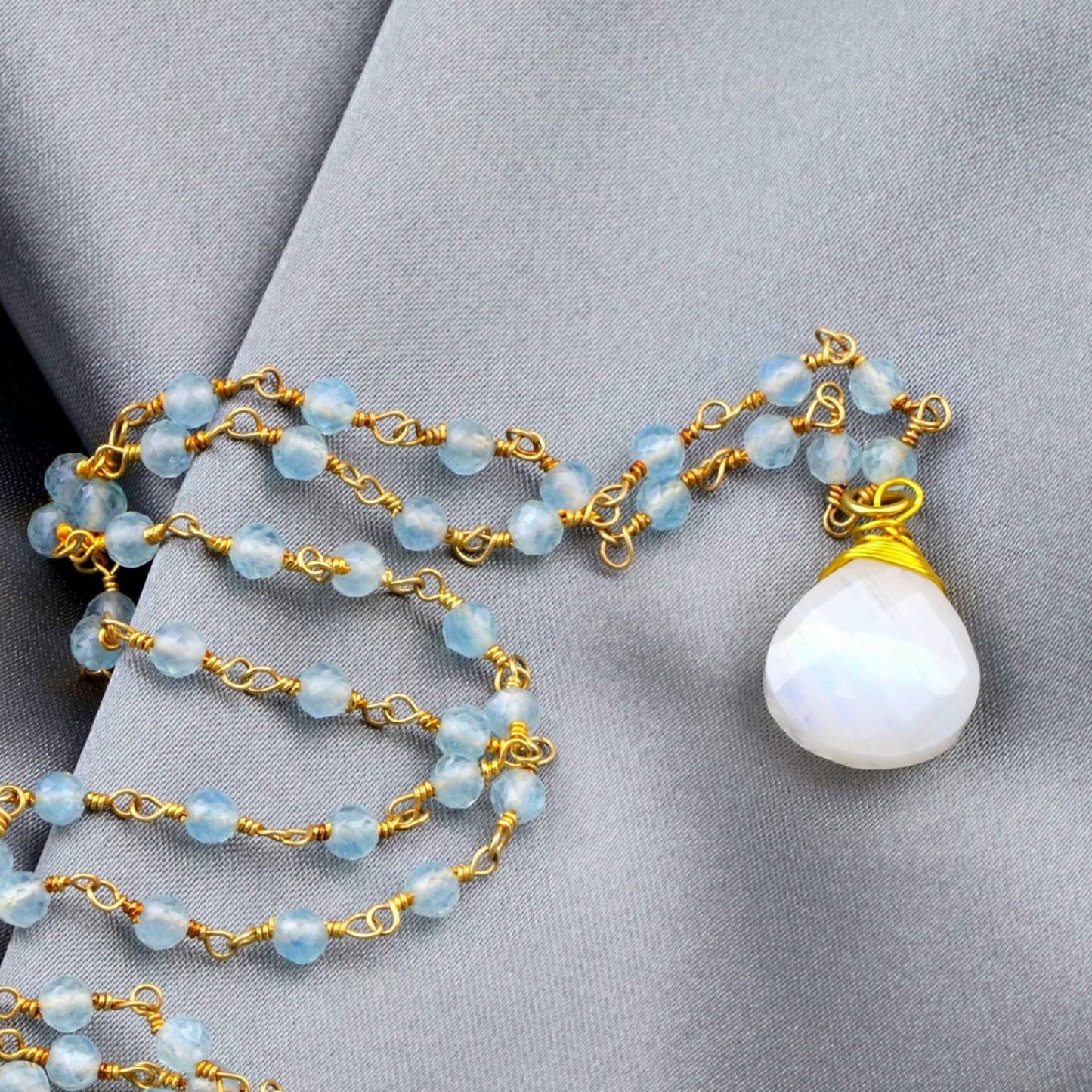 Moonstone & Aquamarine Gemstone Teardrop Pendant Necklace Gold