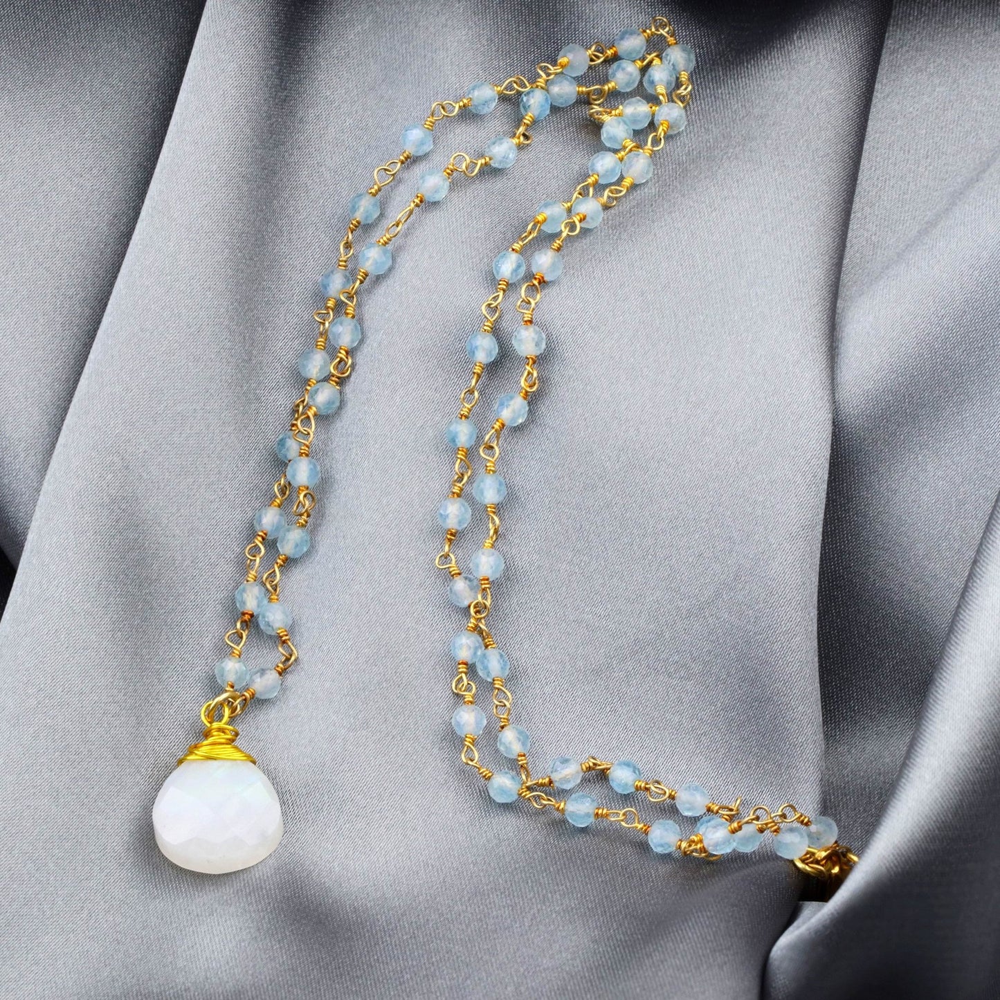 Moonstone & Aquamarine Gemstone Teardrop Pendant Necklace Gold