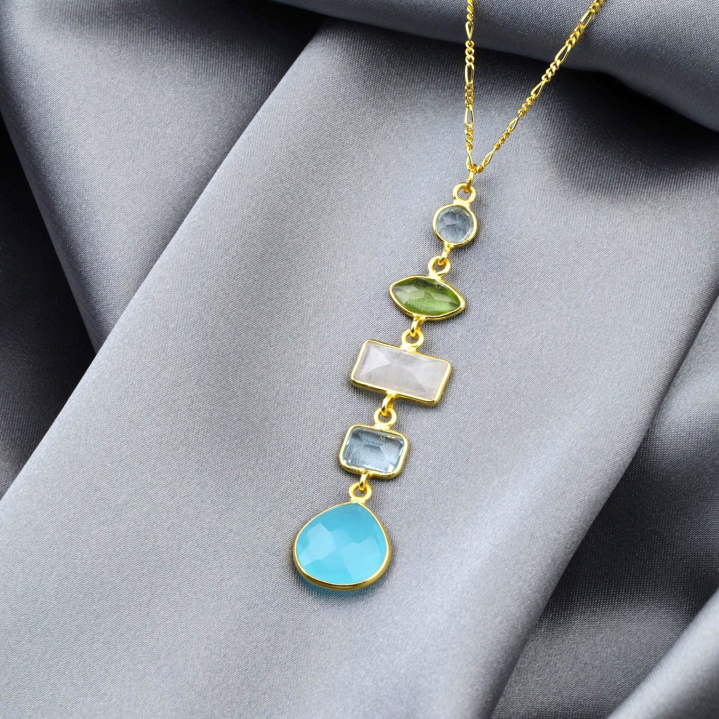 925 Sterling Silver Gold-Plated Multi-Gemstone Necklace (PR062)