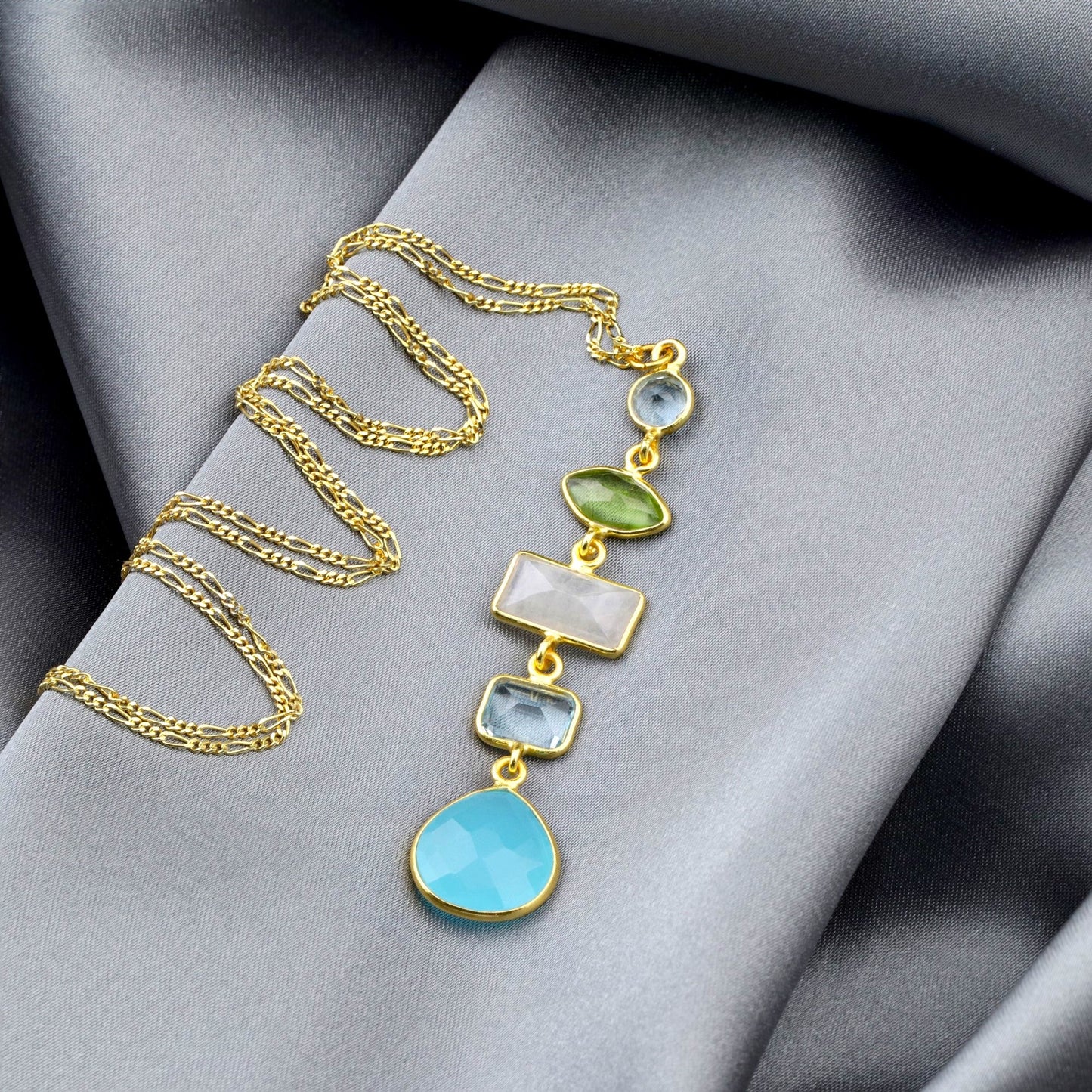 925 Sterling Silver Gold-Plated Multi-Gemstone Necklace (PR062)
