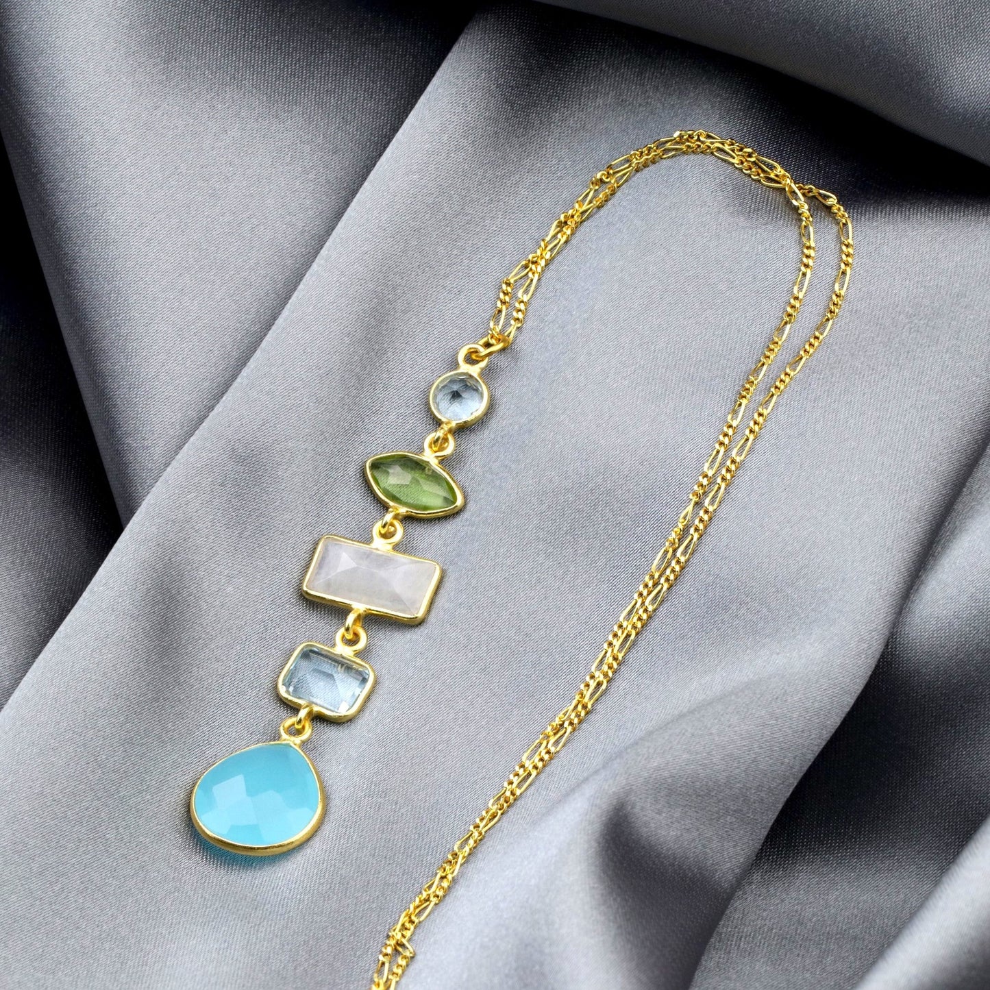 925 Sterling Silver Gold-Plated Multi-Gemstone Necklace (PR062)