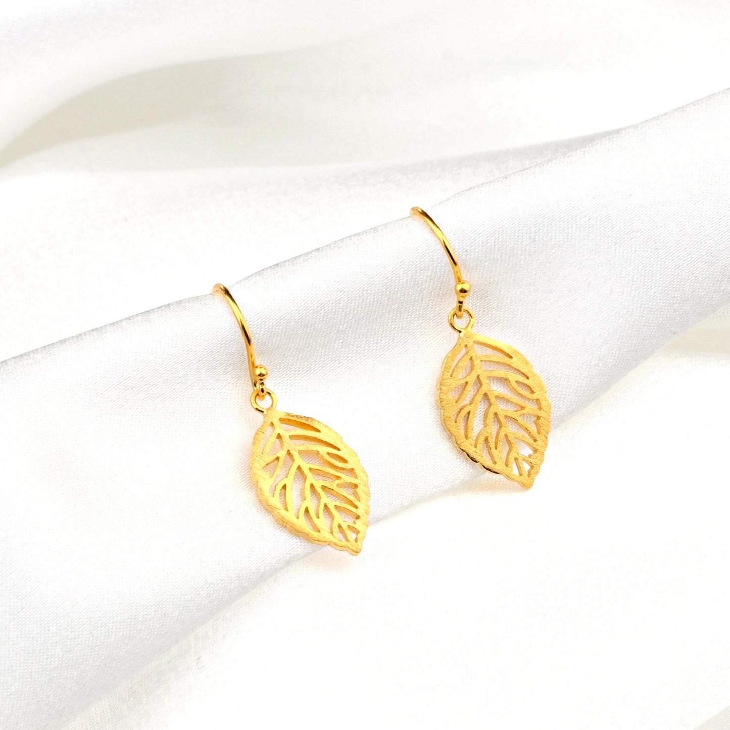 Leaf Earrings - 925 Sterling Gold Plated Botanical Drop Earrings — 14