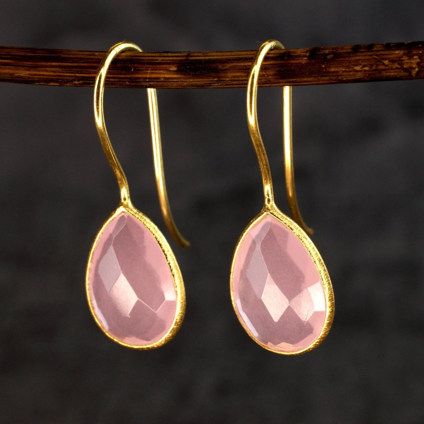 925 Sterling Gold Plated Rose Quartz Gemstone Earrings